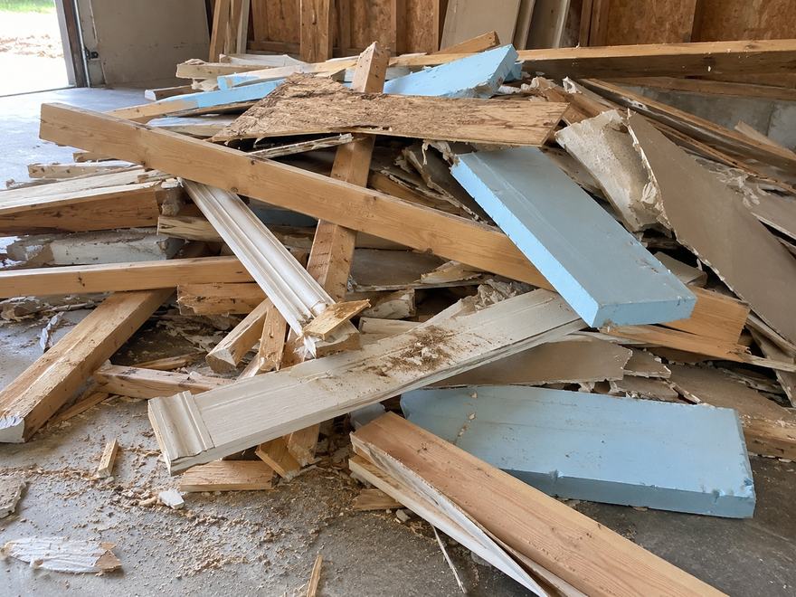 Pile of remodel debris on a garage floor — framing lumber, plywood offcuts, baseboard trim, foam insulation board and broken drywall