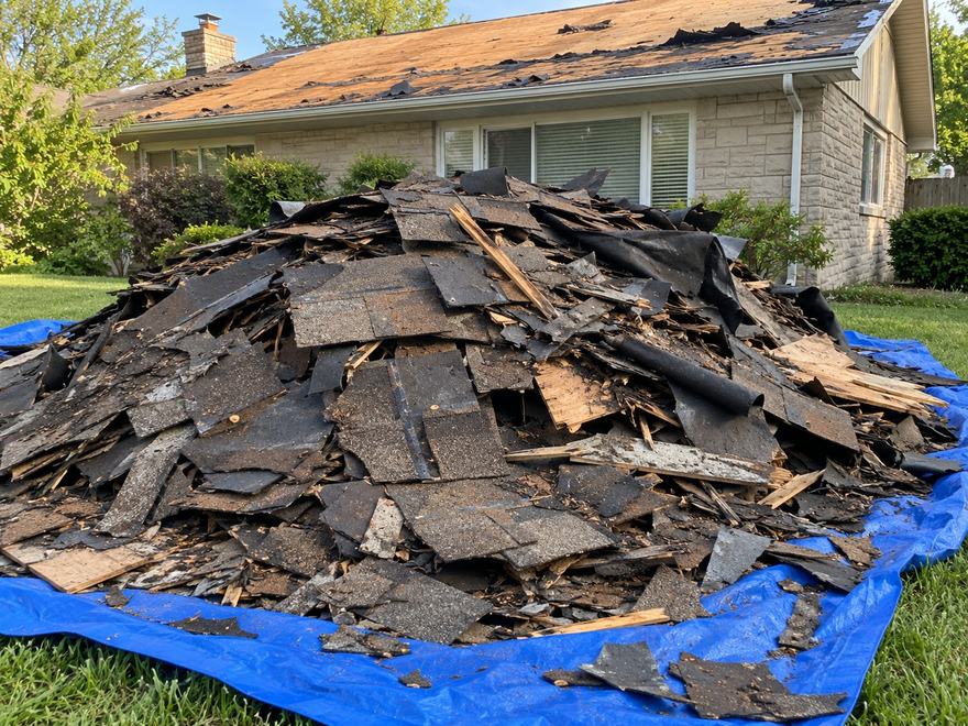 Large pile of torn-off asphalt shingles and roofing felt on a blue tarp, in front of a house stripped to bare roof decking