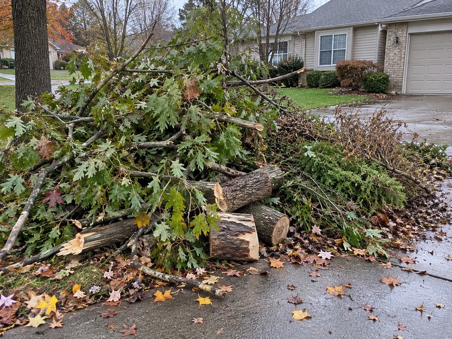 Storm-downed oak limbs, cut log rounds and brush piled at the edge of a wet suburban driveway