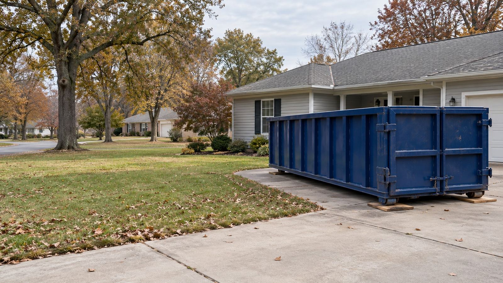 Blue roll-off dumpster on a residential driveway beside a ranch-style home in Fayetteville, Arkansas
