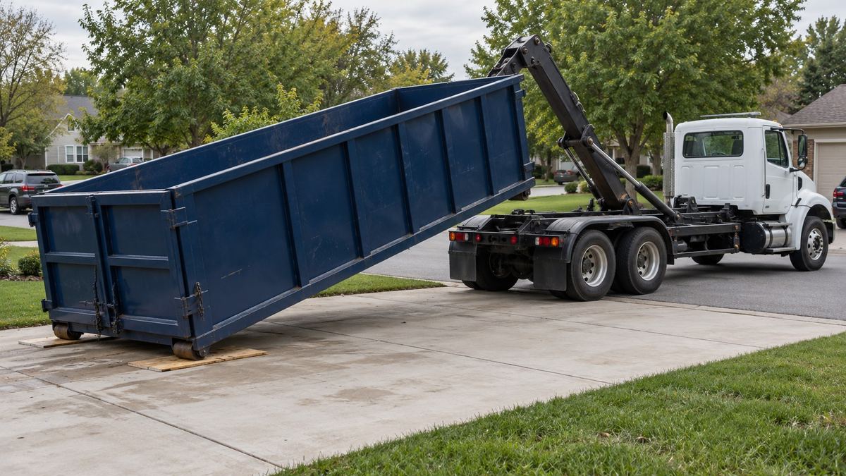 Roll-off truck delivering a dumpster to a driveway in Northwest Arkansas