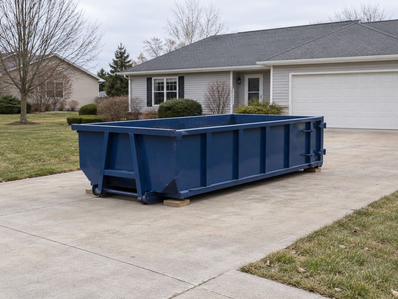Small 10 to 15 yard roll-off dumpster on a residential driveway, about waist height