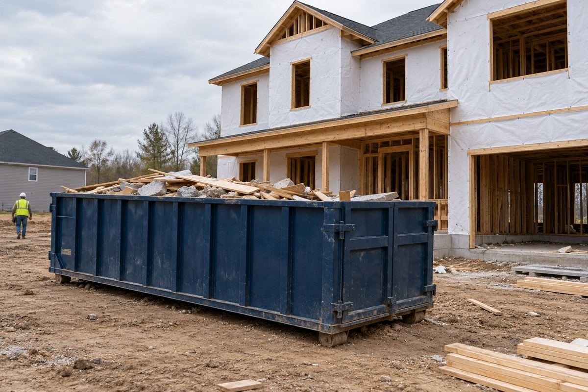 Large roll-off dumpster holding lumber and concrete debris beside a house under construction