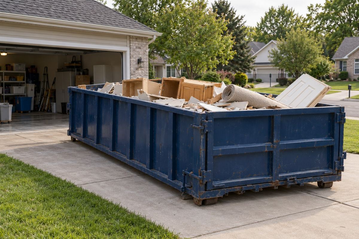Roll-off dumpster on a Springdale, Arkansas driveway loaded with household renovation debris