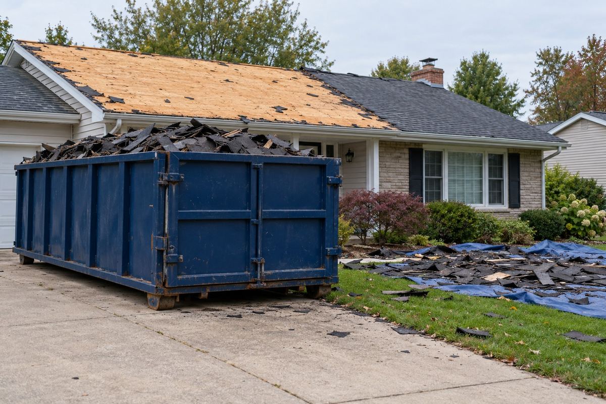 Roll-off dumpster filled with torn-off asphalt shingles beside a Fayetteville home